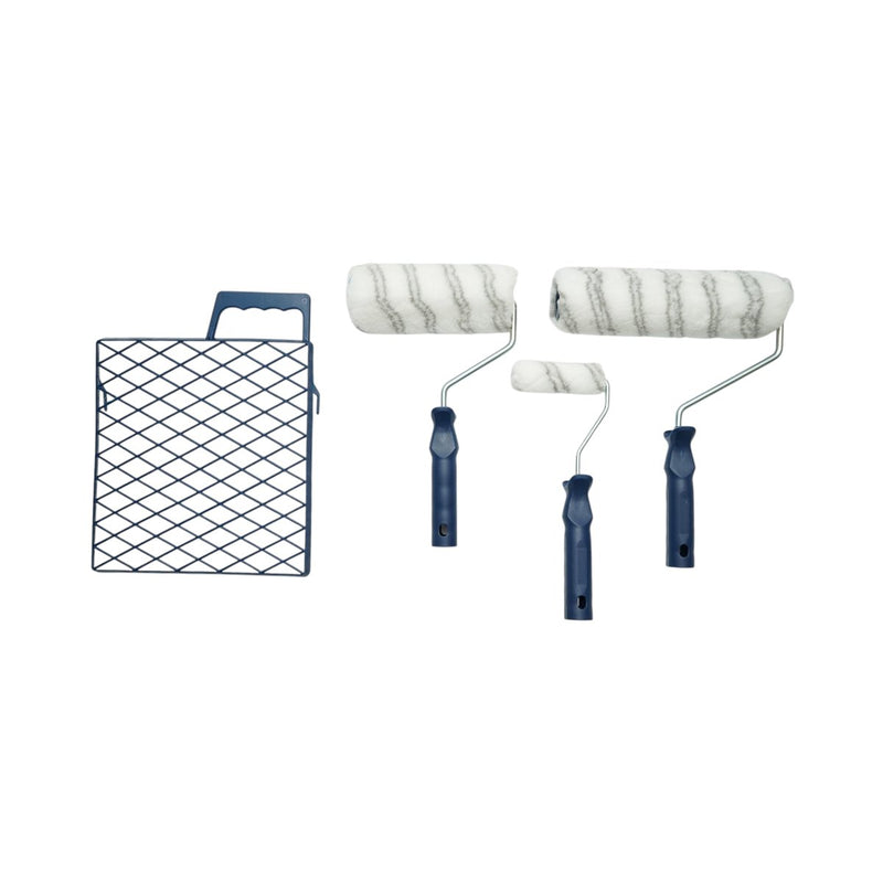 Set di 3 rulli per verniciatura in poliestere (10 cm, 18 cm, 25 cm), manico in PP, vaschetta/griglia per vernice in plastica. Breckner Germany