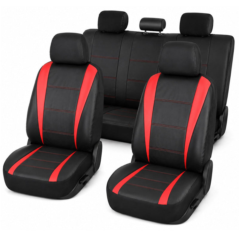 Set coprisedili universali per auto nero-rosso, pelle ecologica e materiale tessile, 8 pezzi