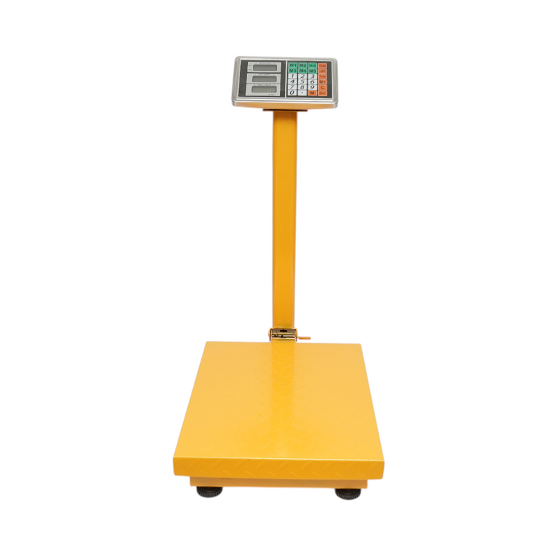 Bilancia elettronica a piattaforma, portata 350 kg, 500x400 mm, con colonna ripiegabile e display LCD.