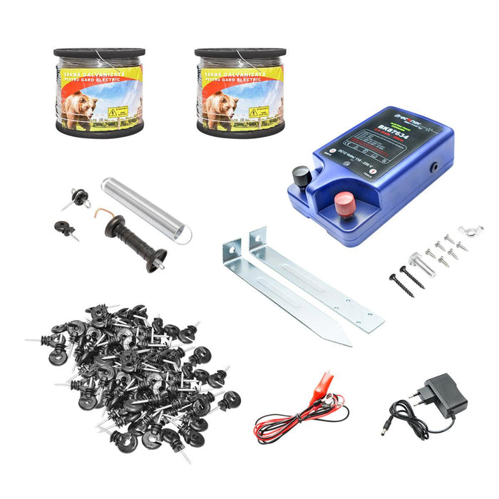 Kit Completo Recinto Elettrico Elettrificatore 12V/220V, 2 Joule 20km, Filo 1000 MT, 100 isolatori, set maniglia, recinzioni elettriche Breckner Germnany