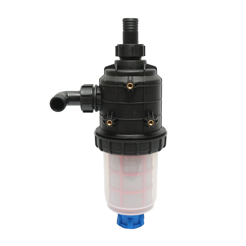 Filtro trasparente per irroratrice con doppia rete e valvola autopulente, attacco da 32 mm.