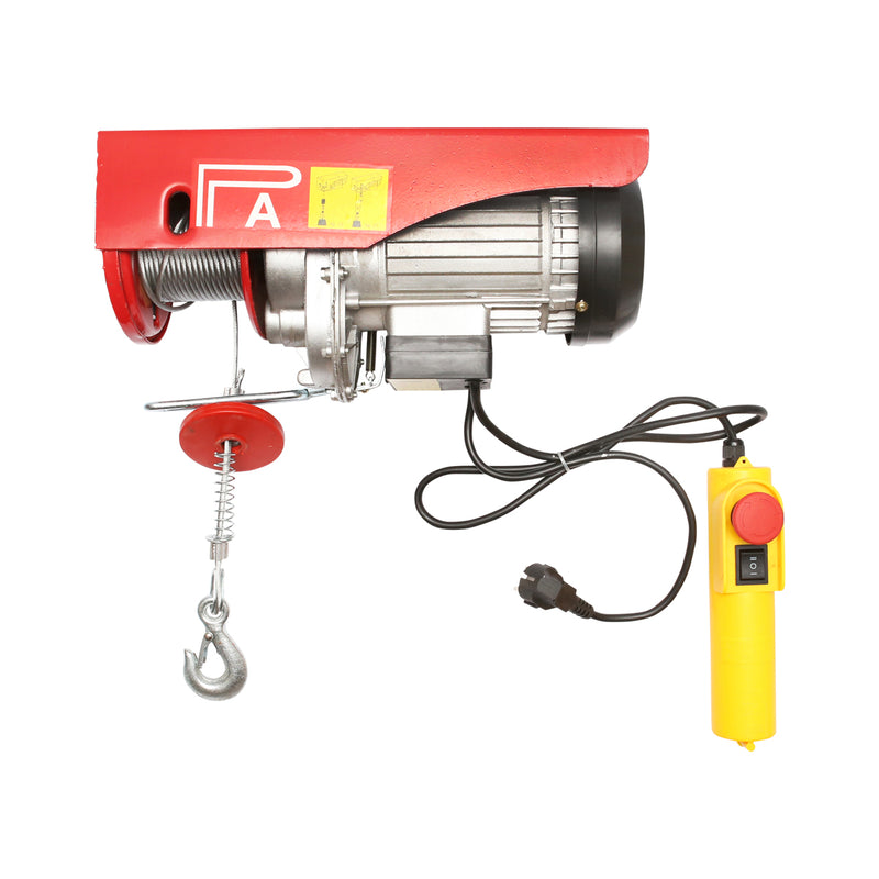 Paranco/gru elettrica 220V/50Hz 850W, carico massimo 200/400kg, velocità di sollevamento 5-10m/min, altezza di sollevamento 6-12m, protezione IP40