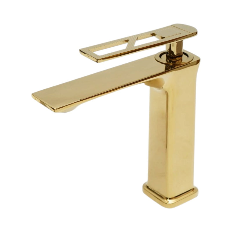 Miscelatore alto a base quadrata per lavabo, monocomando, finitura oro lucido, lega di zinco, flessibili inclusi