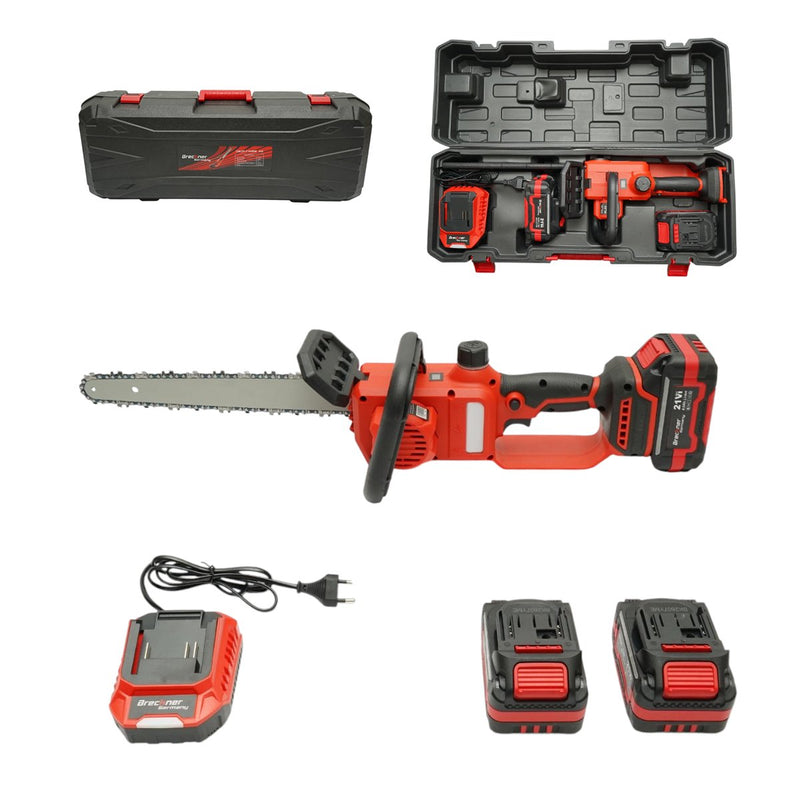 Mini motosega elettrica da 800 W con due batterie agli ioni di litio da 21 V e 4 Ah, motore brushless, barra da 12 pollici (300 mm), capacità di taglio di 260 mm e display digitale a LED. Breckner Germany
