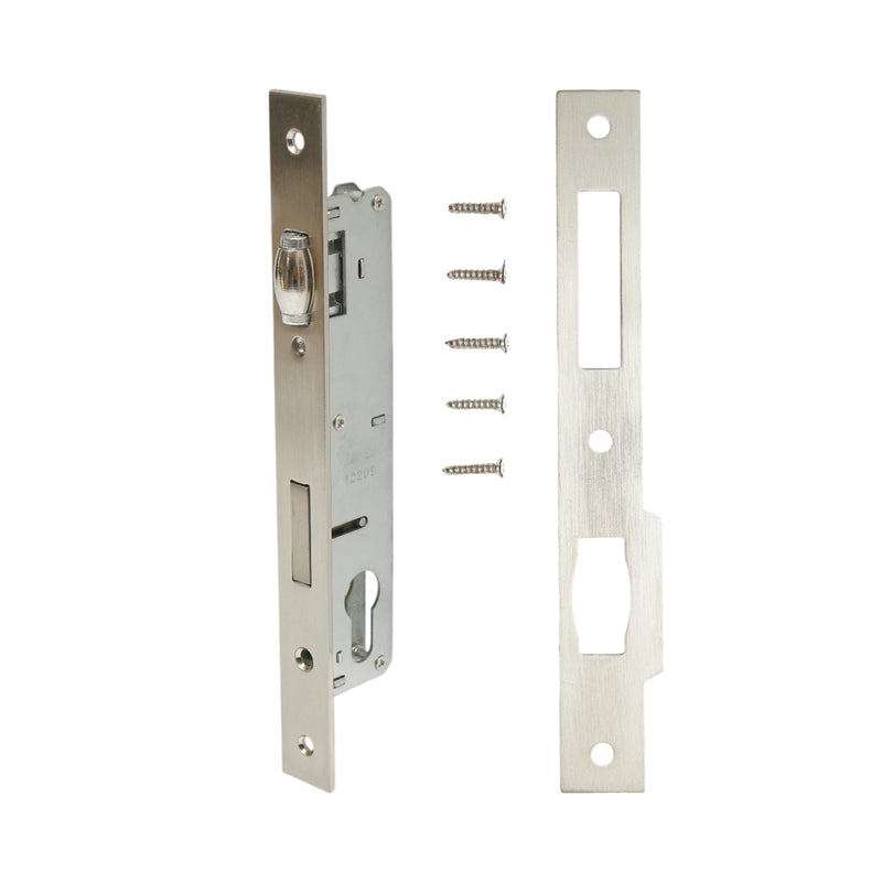 Serratura da infilare con scrocco a rullo, scatola 38x174 mm, frontale 23x240 mm, finitura nichel satinato, viti incluse