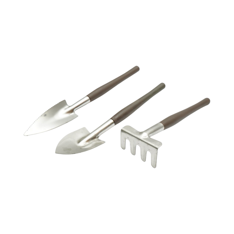 Set di 3 attrezzi da giardinaggio composto da trapiantatore, coltivatore e rastrello, con manici in metallo. Breckner Germany