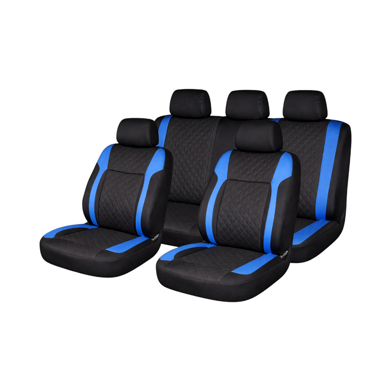 Set coprisedili universali per auto Diamond nero-blu, pelle ecologica trapuntata con tessuto, 9 pezzi