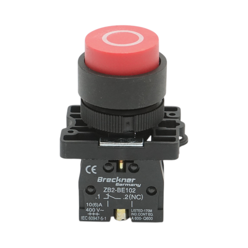 Pulsante di arresto (STOP) rosso convesso, ritorno a molla, 1NC, 400 V/10 A LAY5 Breckner Germany