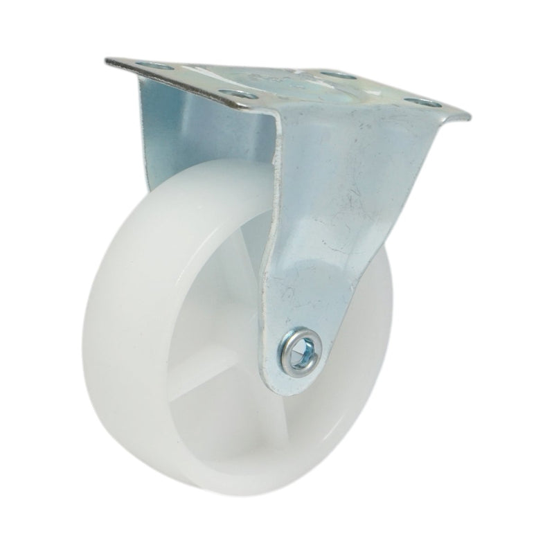 Ruota fissa 73x25 mm senza freno, in polipropilene bianco, piastra in acciaio 70x44 mm, portata 45 kg