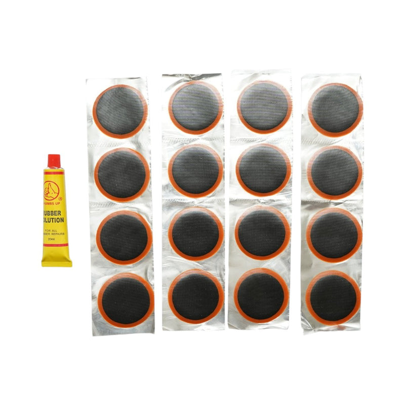 Set di 16 toppe di vulcanizzazione rotonde per pneumatici e camere d'aria (50 mm) + 1 tubetto di adesivo (20 ml)