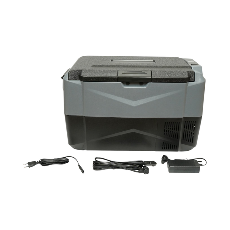 Frigorifero per auto 35L con compressore 12V-24V-220V, 60W, display LCD, doppia zona di raffreddamento, USB 630x390x390mm
