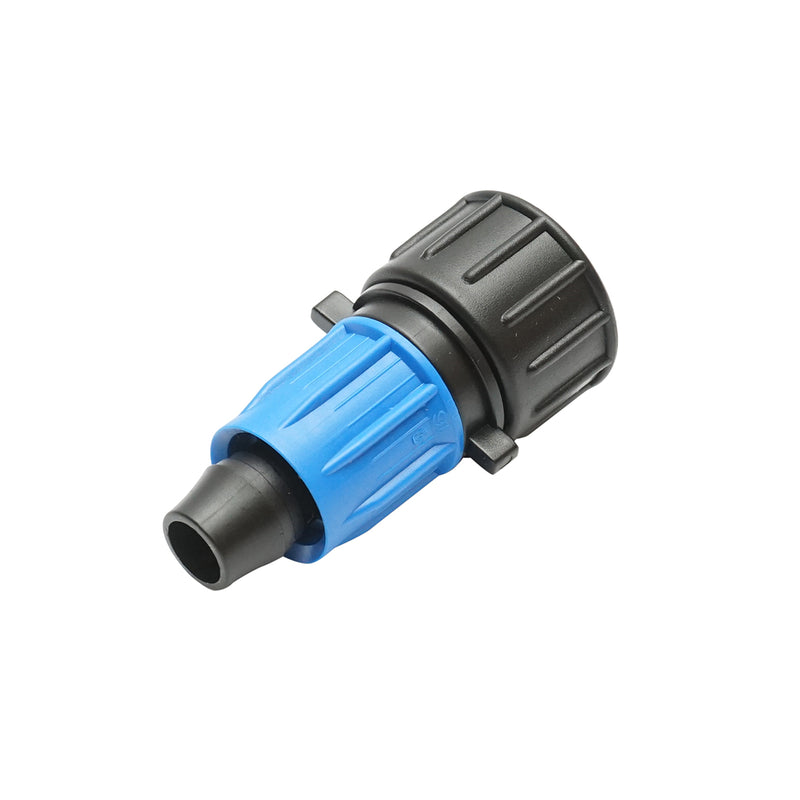 Giunto per collegamento di tubo di gocciolamento D16mmx3/4 pollice con filettatura interna per sistemi di irrigazione.
