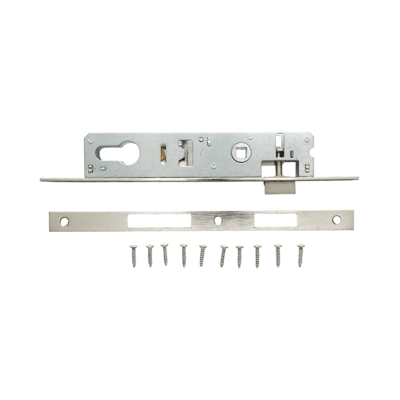 Serratura da infilare con scrocco, scatola 34x174 mm, frontale 16x240 mm, finitura nichel satinato, viti incluse