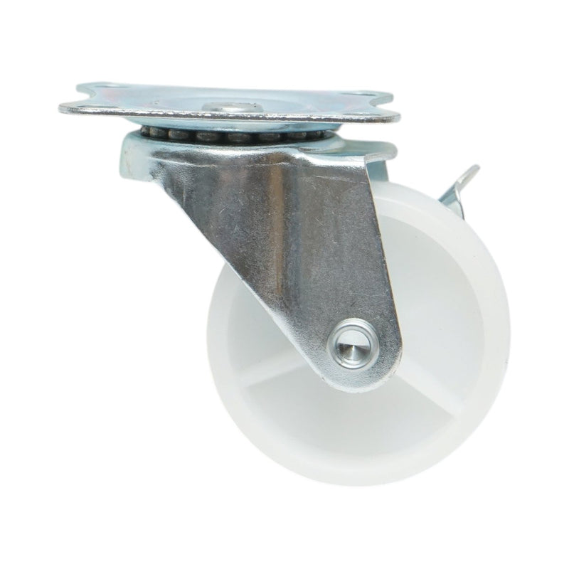 Ruota pivottante 65x23 mm con freno, in polipropilene bianco, piastra in acciaio 70x58 mm, portata 35 kg