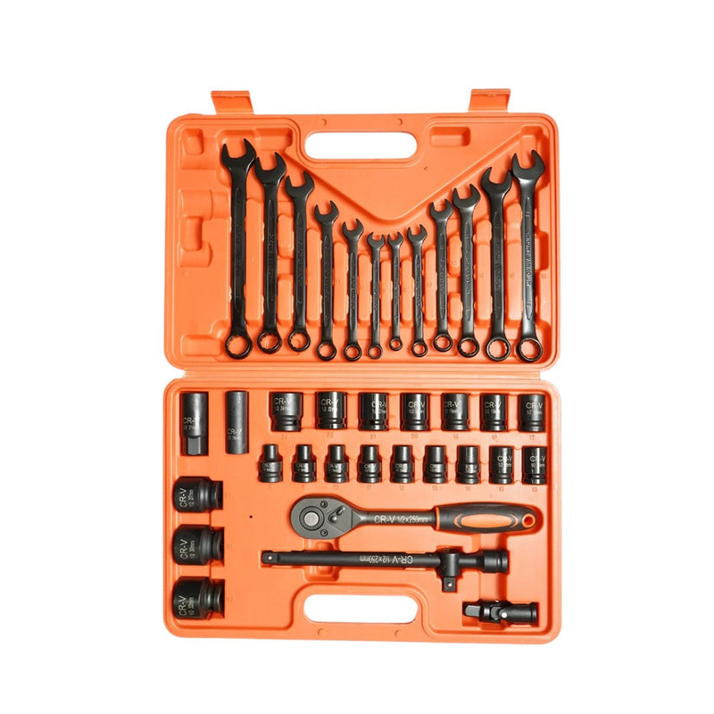 Set da 37 pezzi con bussole da 1/2" in acciaio al cromo-vanadio (8–32 mm) e chiavi combinate (6–19 mm), comprensivo di cricchetto, prolunga a T da 250 mm e snodo cardanico. Breckner Germany