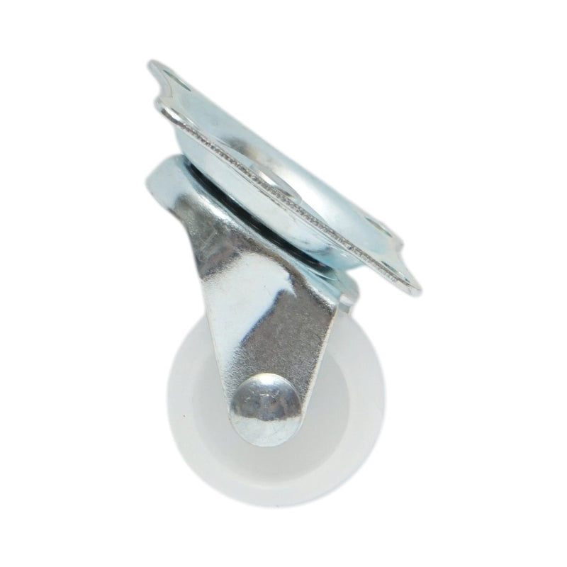 Ruota pivottante 25x14 mm senza freno, in polipropilene bianco, piastra in acciaio 39x33 mm, portata 10 kg