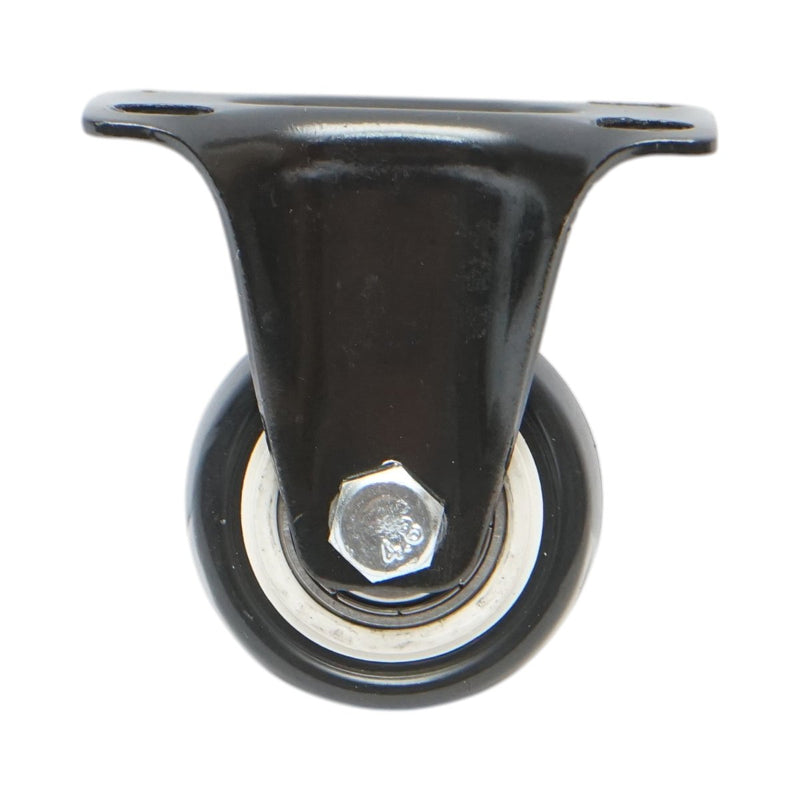 Ruota fissa 42x21 mm, senza freno, in PVC nero, piastra in acciaio 60x43 mm, portata 30 kg