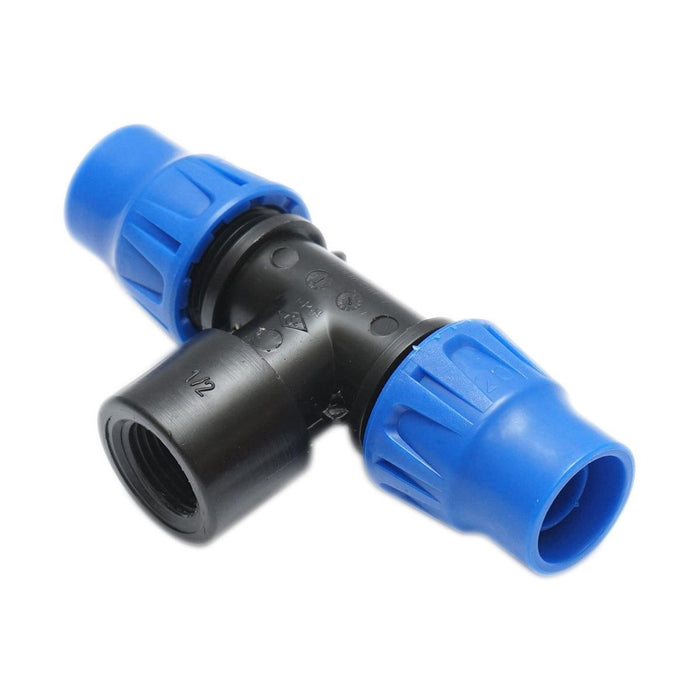 Giunto a ''T'' per Sistema di irrigazione a Goccia PN6-20mm X 1/2" X 20mm. Giunto a Compressione per nastro irrigazione a Goccia