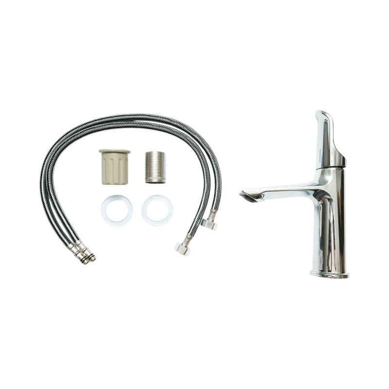 Miscelatore alto e rotondo per lavabo, monocomando, finitura cromata lucida, acciaio inossidabile, flessibili inclusi