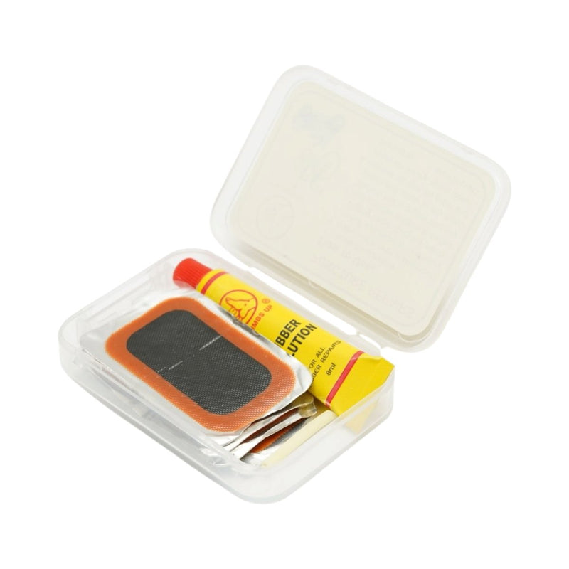 Set di 12 toppe vulcanizzanti per camere d'aria di biciclette, moto, carriole e tuk-tuk (24x35 mm, 32x50 mm) + 1 tubetto di adesivo da 8 ml.