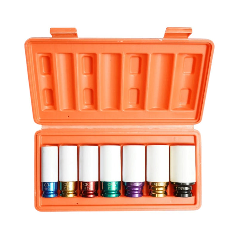 Set di 7 bussole a impatto da 1/2" in acciaio Cr-V per dadi ruota, con protezione per cerchi (17–27 mm) Breckner Germany