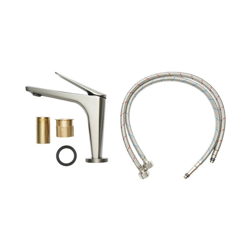 Rubinetto premium in rame per lavabo da bagno, con canna lunga, design squadrato, monocomando, finitura grigio grafite satinato e flessibili inclusi.