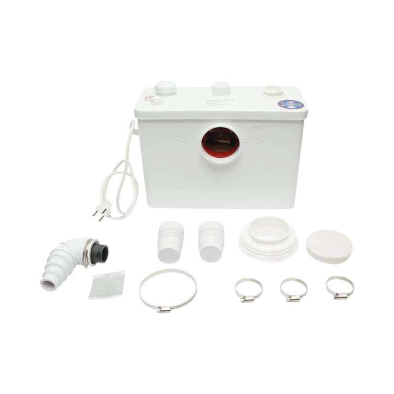 Pompa trituratrice per acque reflue da 700 W, 220 V; portata 8.400 l/h; prevalenza 9 m; portata orizzontale 90 m; grado di protezione IP44.