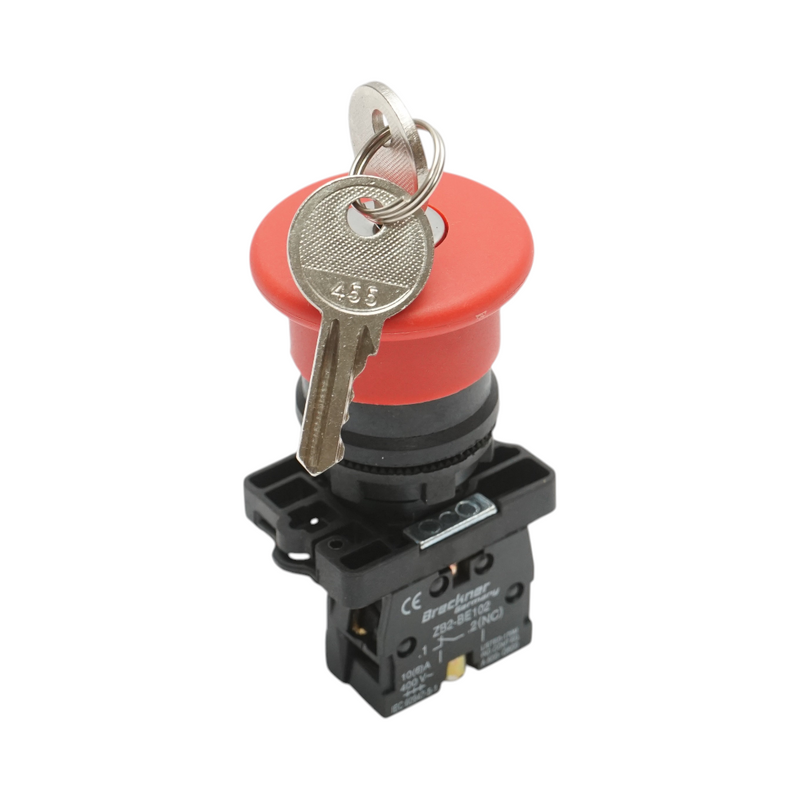 Pulsante di arresto di emergenza rosso con sblocco a rotazione e chiave 40 mm, 1 NC, 400 V/10 A LAY5 Breckner Germany