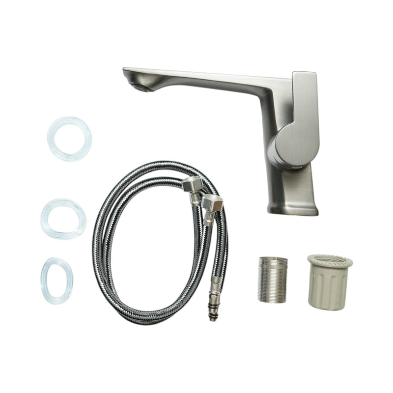 Miscelatore monocomando quadrato per lavabo, colore grigio grafite satinato, acciaio inox, flessibili inclusi