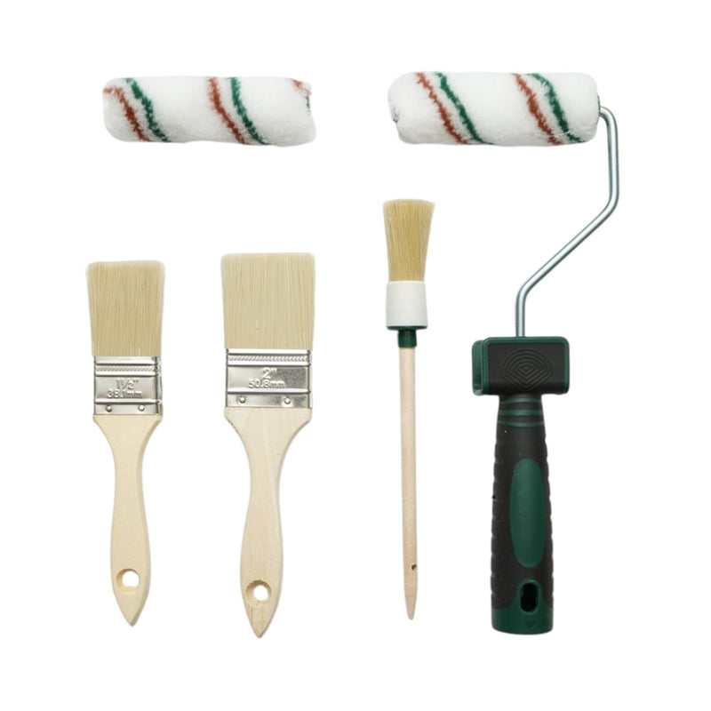 Set da 9 pezzi per tinteggiatura e decorazione: rullo da 10 cm, 2 ricambi per rullo, 3 pennelli, vaschetta con griglia, nastro per mascheratura, telo protettivo. Breckner Germany