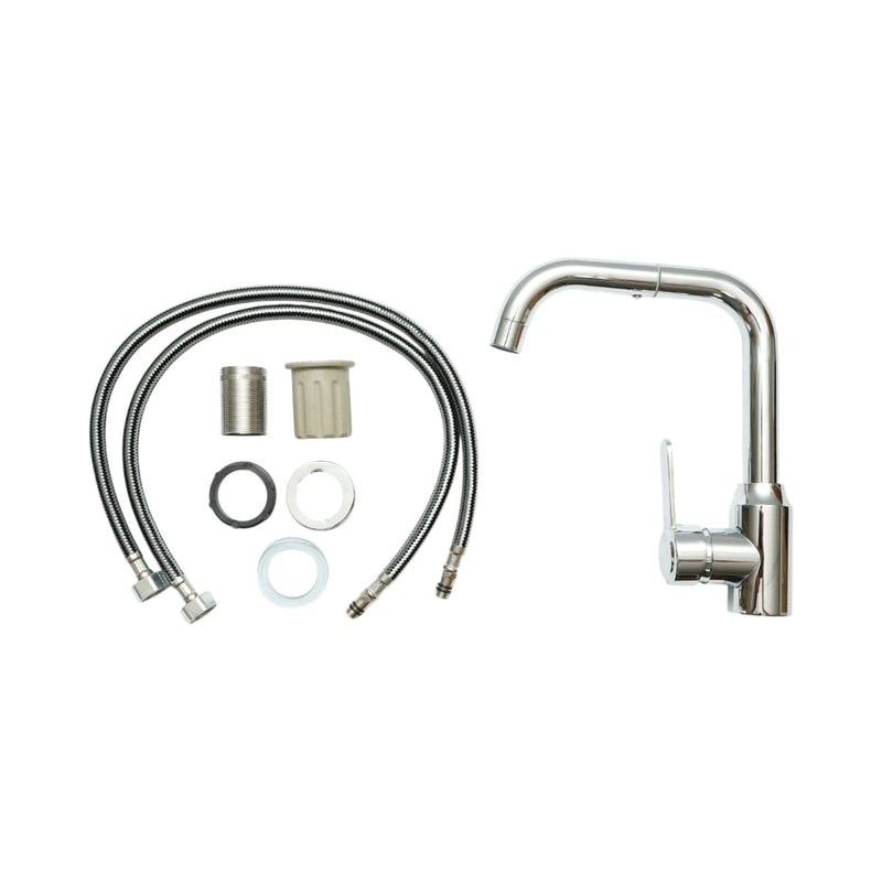 Miscelatore per lavello cucina con canna a U girevole a 360°, monocomando, finitura cromata lucida, acciaio inox, flessibili inclusi
