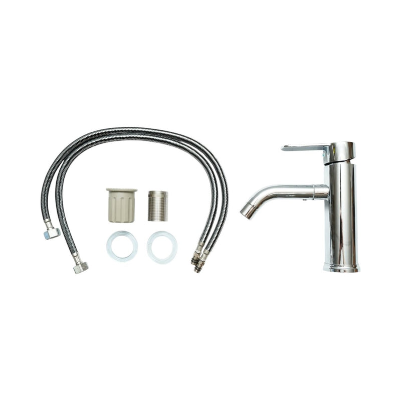 Miscelatore alto e rotondo per lavabo, monocomando, finitura cromata lucida, acciaio inossidabile, flessibili inclusi