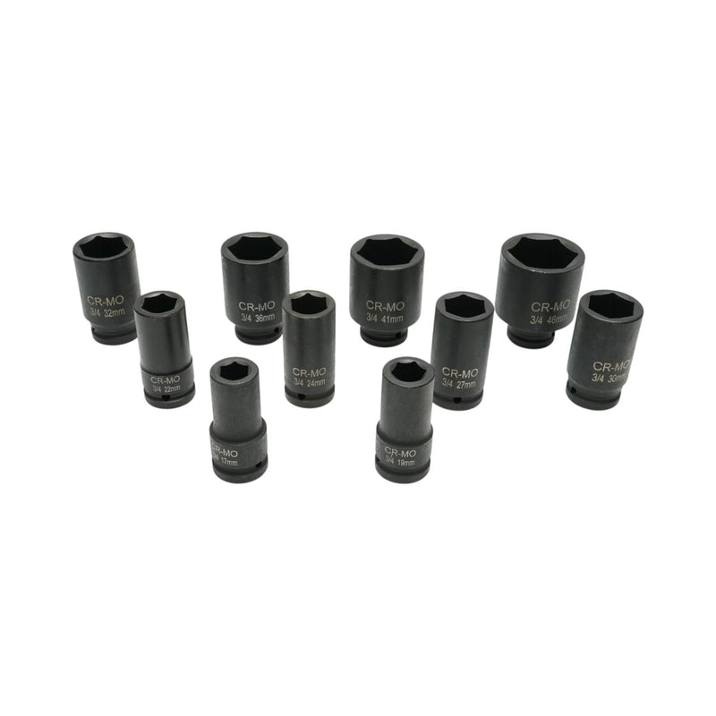 Set di 10 bussole a impatto lunghe, 17–46 mm, attacco 3/4", Cr-Mo Breckner Germany