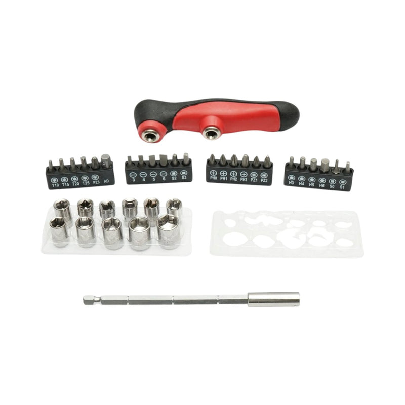 Set di cacciaviti da 37 pezzi in acciaio al cromo-vanadio (Cr-V), con bussole da 4–14 mm e inserti Torx, esagonali, PH, PZ e SL.