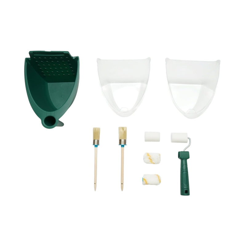 Set di mini rulli per verniciatura da 10 pezzi: rullo da 55 mm, 2 rulli in spugna, 2 rulli in poliestere, 2 pennelli tondi, vaschetta per vernice. Breckner Germany