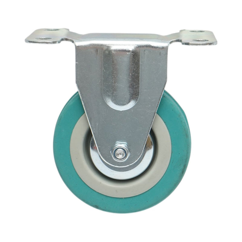 Ruota fissa 75x21 mm senza freno, gomma piena blu, piastra in acciaio 100x59 mm, portata 45 kg