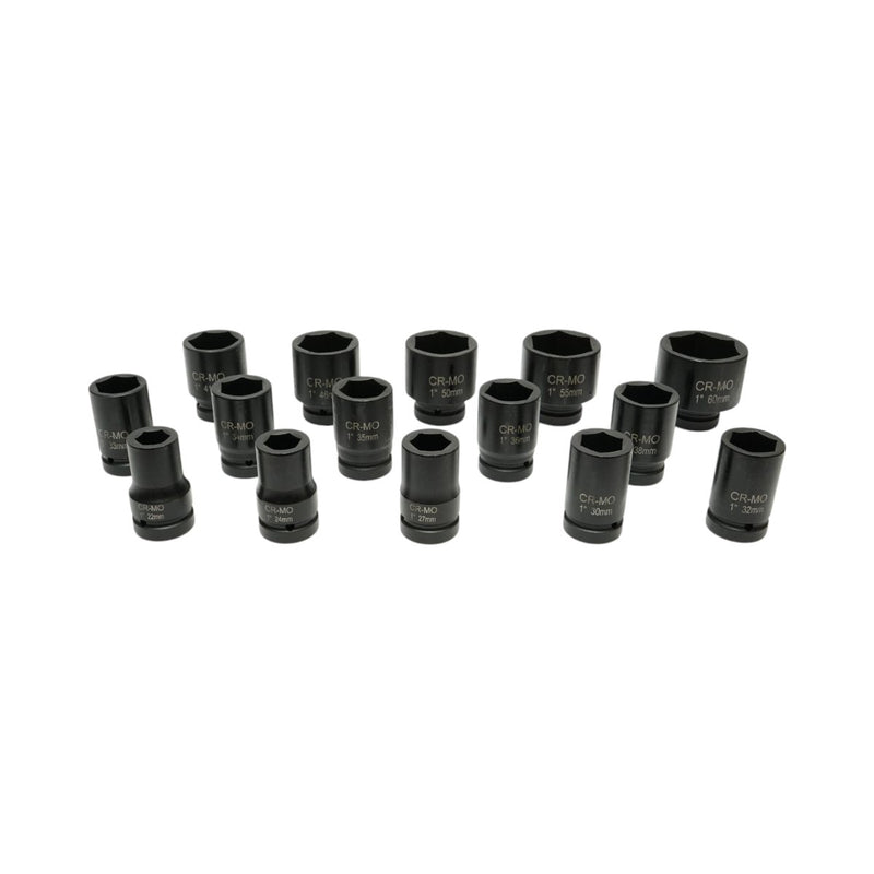 Set di 15 bussole a impatto lunghe, 22–60 mm, attacco da 1 pollice, Cr-Mo Breckner Germany