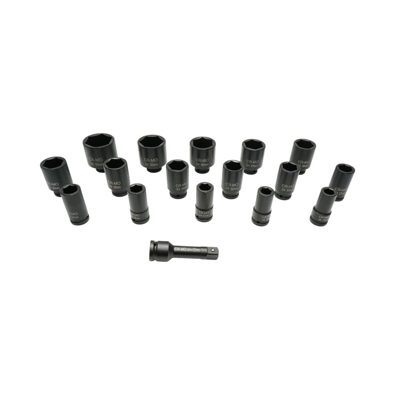 Set di 17 bussole a impatto lunghe (17–55 mm), prolunga da 125 mm, attacco da 3/4", Cr-Mo Breckner Germany
