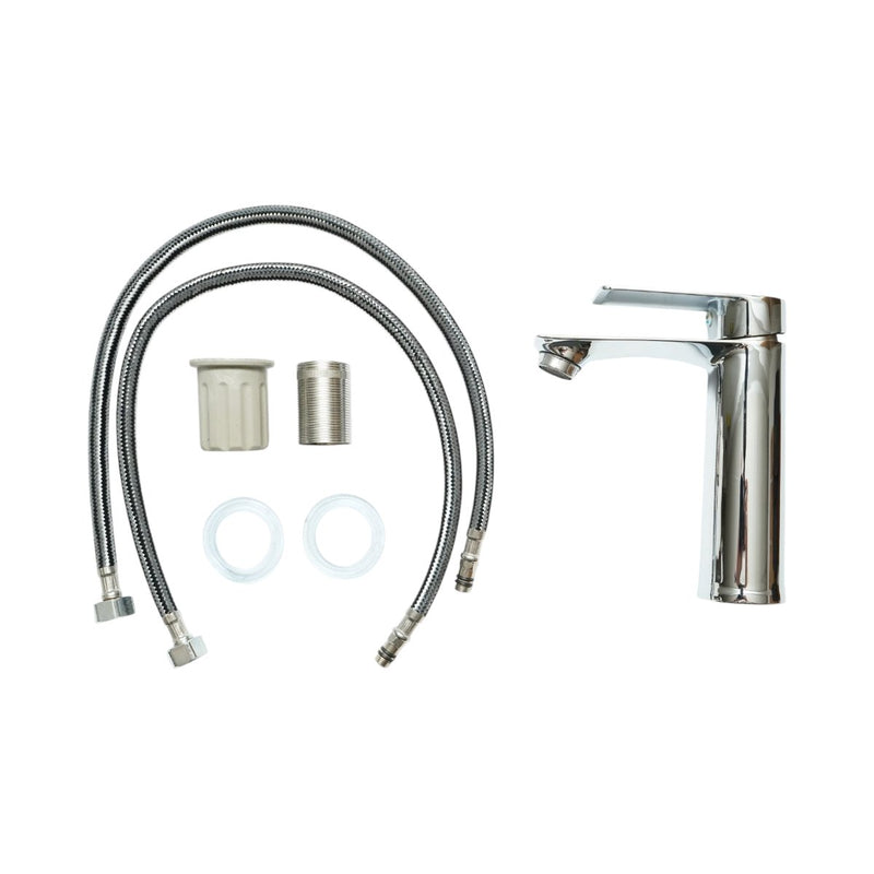 Miscelatore alto e rotondo per lavabo, monocomando, finitura cromata lucida, in lega di zinco, flessibili inclusi