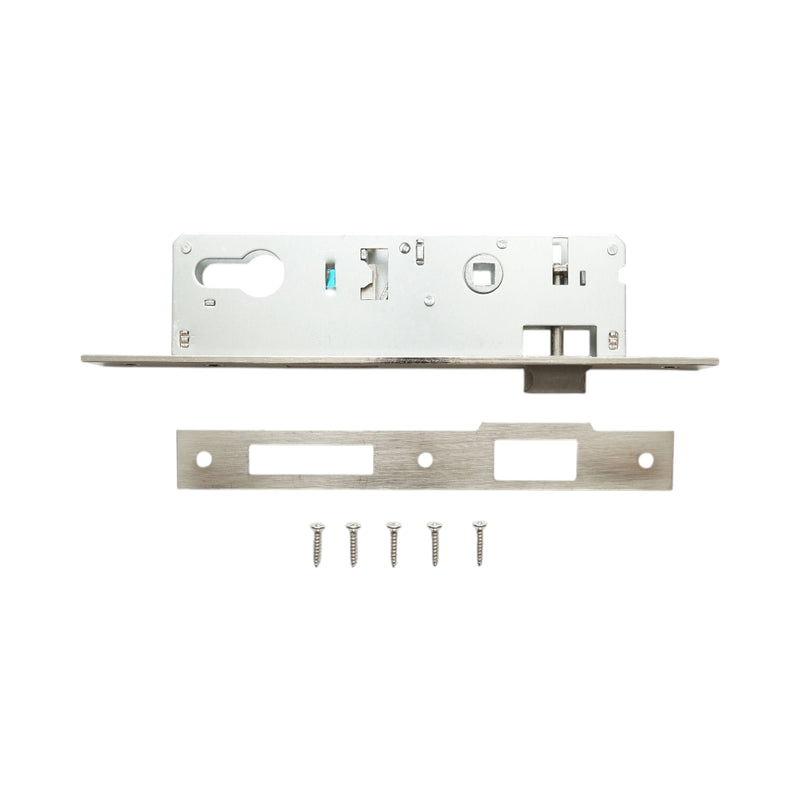 Serratura da infilare con scrocco, scatola 48x174 mm, frontale 23x240 mm, finitura nichel satinato, viti incluse