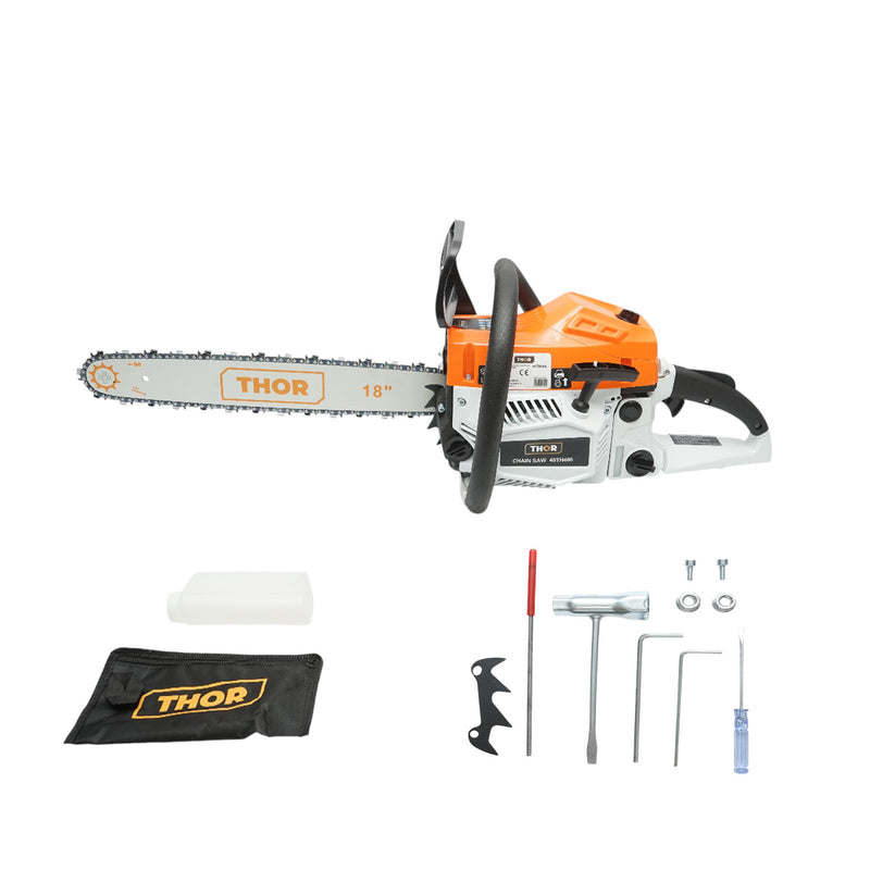 Motosega a scoppio professionale THOR a 2 tempi, 58 cc, 3,3 CV, 8500 giri/min, barra da 18 pollici (450 mm)