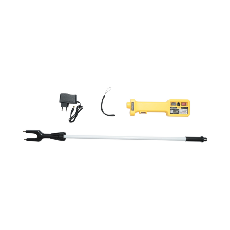 Pungolo elettrico professionale per bestiame da 1100 V con batteria ricaricabile da 8,4 V e 2200 mAh, torcia a LED, indicatore di carica e asta da 80 cm.
