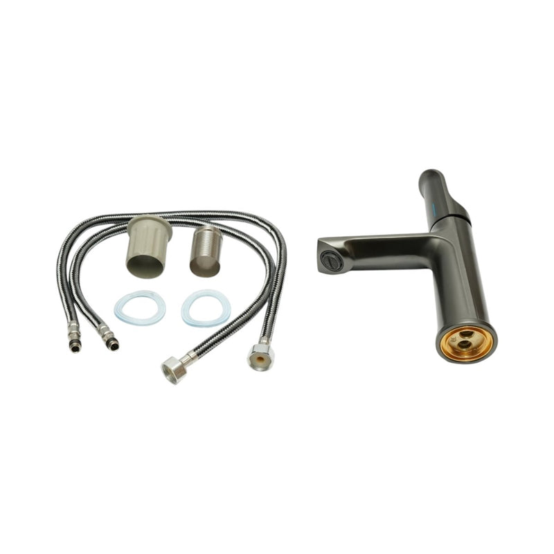 Miscelatore alto per lavabo da bagno, monocomando, finitura grigio grafite satinato, acciaio inox, flessibili inclusi
