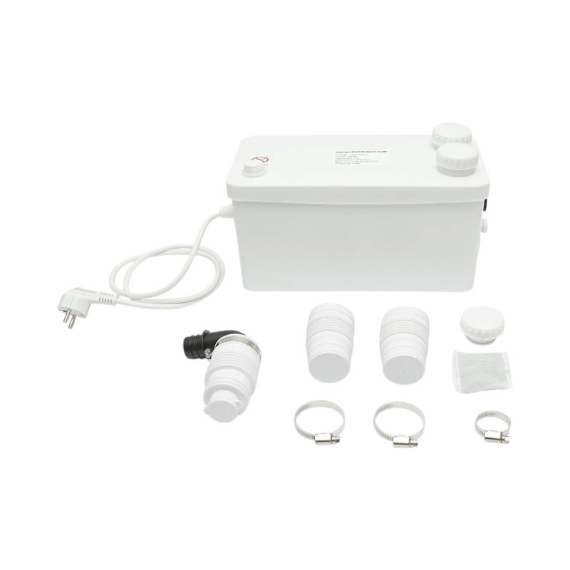 Pompa trituratrice per acque reflue da 550 W, 220 V; portata 8.400 l/h; prevalenza 9 m; portata orizzontale 90 m; grado di protezione IP44.