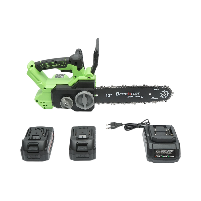 Motosega elettrica professionale con due batterie agli ioni di litio da 20 V e 4 Ah, motore brushless, display digitale a LED e barra da 12 pollici (300 mm). Breckner Germany