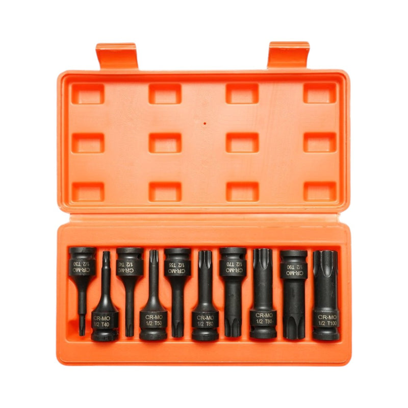 Set di 10 bussole Torx lunghe (T30–T100), attacco da 1/2", in acciaio Cr-Mo Breckner Germany