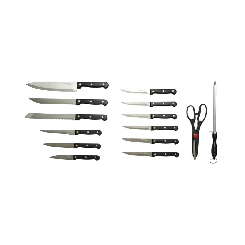 Set di coltelli da cucina da 15 pezzi con ceppo in legno, forbici e acciaino; lame in acciaio 3Cr13, manici in ABS nero. Breckner Germany