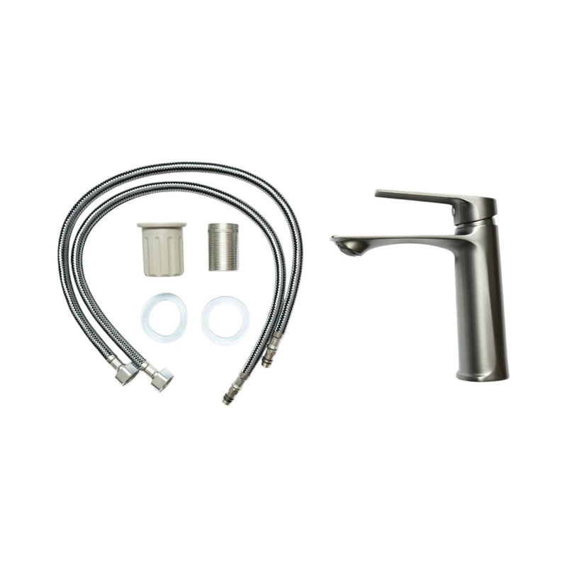 Miscelatore alto per lavabo da bagno, monocomando, finitura grigio grafite satinato, acciaio inox, flessibili inclusi