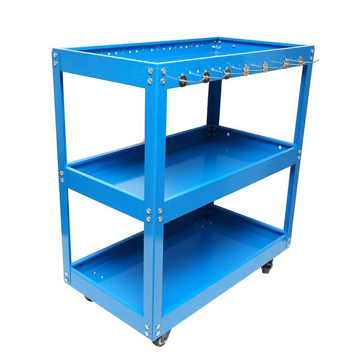 Carrello metallico su ruote con 3 ripiani e supporti per attrezzi 660x360x730mm