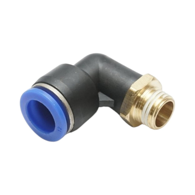 Raccordo a gomito a innesto rapido in plastica da 12 mm con filetto maschio in ottone da 1/4"